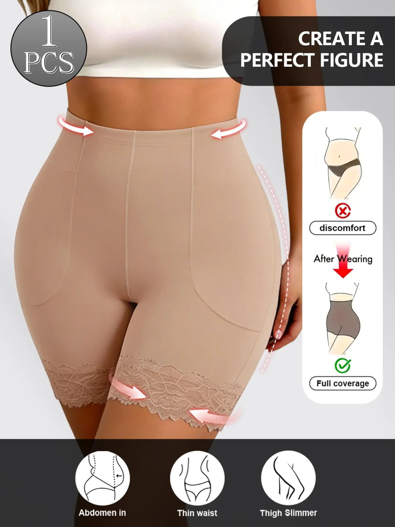 High-Waisted Lace Trim Safety Pant, Invisible Side Pockets, Four-Way Stretch, Tummy Control, Seamless Design, Comfortable Sports Underwear Shapewear