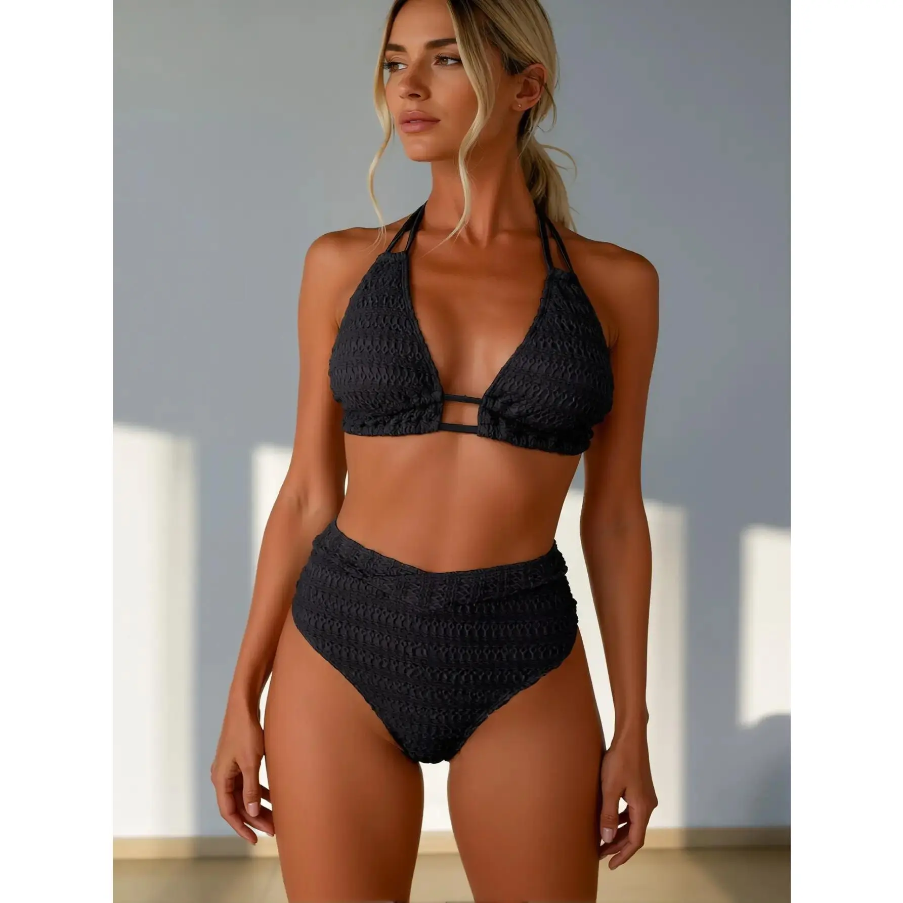 Women's 2-Piece Swimsuit Set with Deep V Top and Ruched Tummy Control Bottoms - Non-Transparent Polyester Female Swimwear for Swimming, Beach Wear, Swimsuit For Women, V-Neck, Bikini Swimsuit, Solid