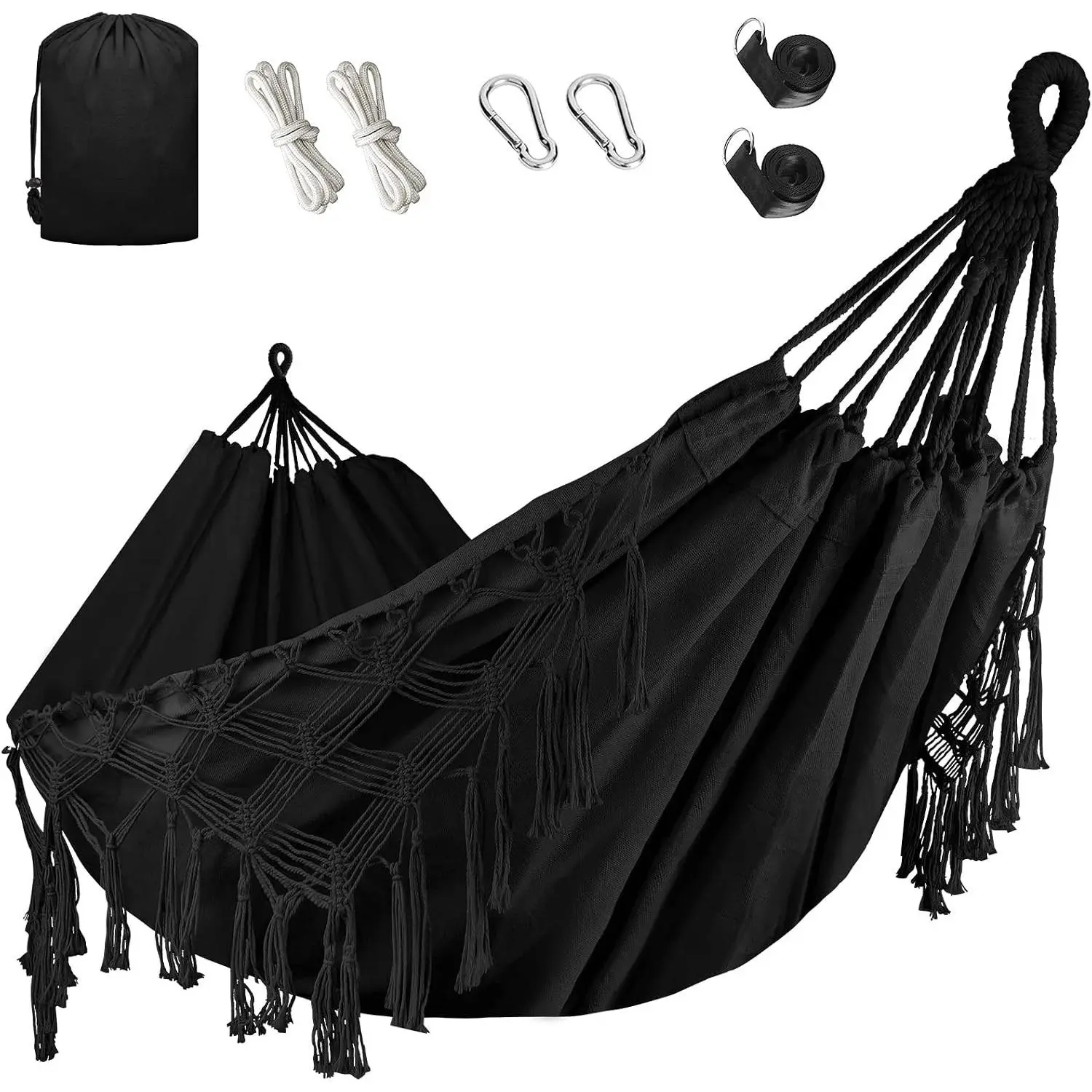 Double Hammock, Heavy Duty 500 lb Load Capacity Tassels and Fishtail Knitting Portable Camping Hammocks with Mounting Straps for Outdoor Camping Patio Balcony BlackGift