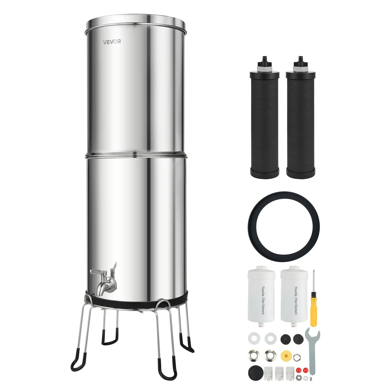 VEVOR Gravity-fed Water Filter System, 3.25G 304 Stainless-Steel Countertop Water Filtration System, Reduces Lead and up to 99 of Chlorine, w/ 2 Carbon Filter, 2 Defluorination Filter, Spigot, Stand