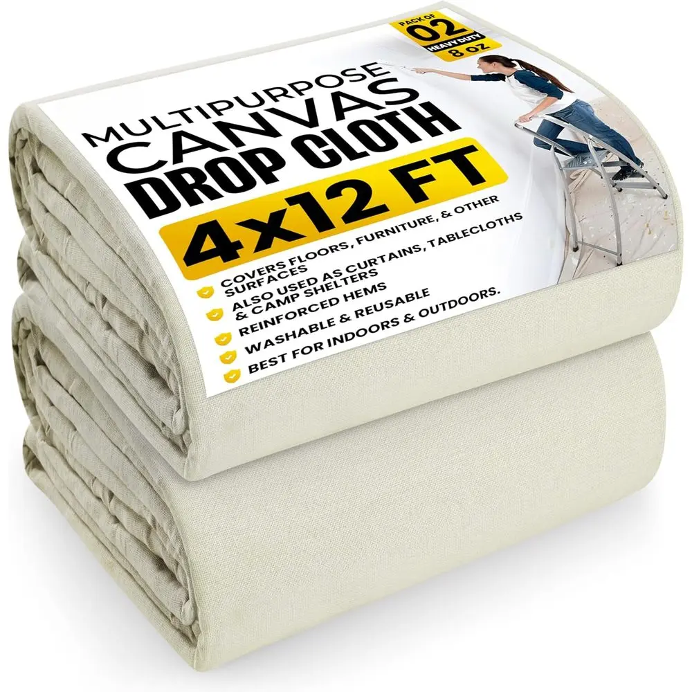 Drop Cloth (4x12 ft, 2 Pack) Washable and Reusable Drop Cloth for Painting, Furniture & Floor Protection Highly Absorbent Painting Tarp - Canvas Drop Cloth for Outdoor and Indoor Use