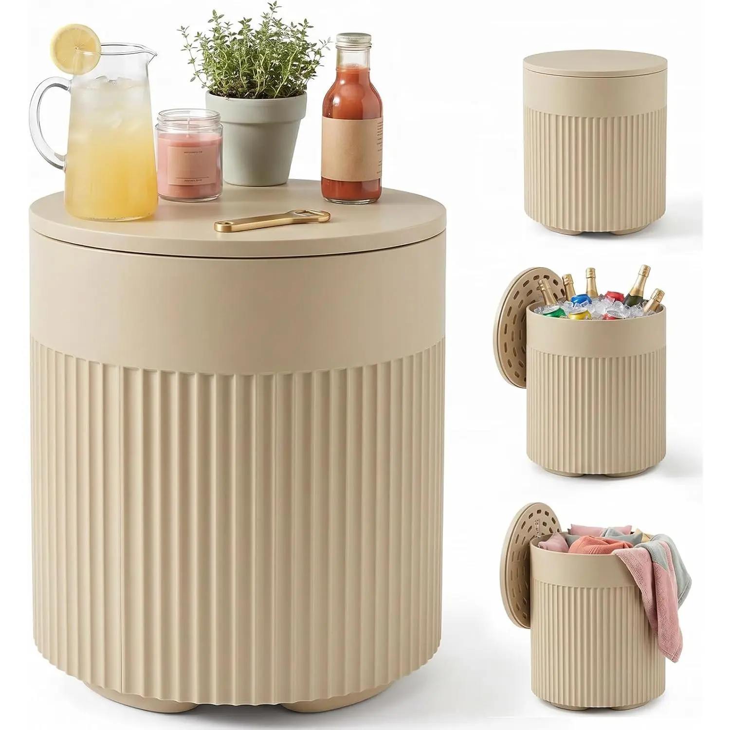 Outdoor Cooler Side Table, 3-in-1 Patio Ice Cooler Table with Storage, HDPE Outdoor Table with Drain Plug, Holds 24 Cans & Fits Wine Bottles, Poolside Deck Backyard (Sand)