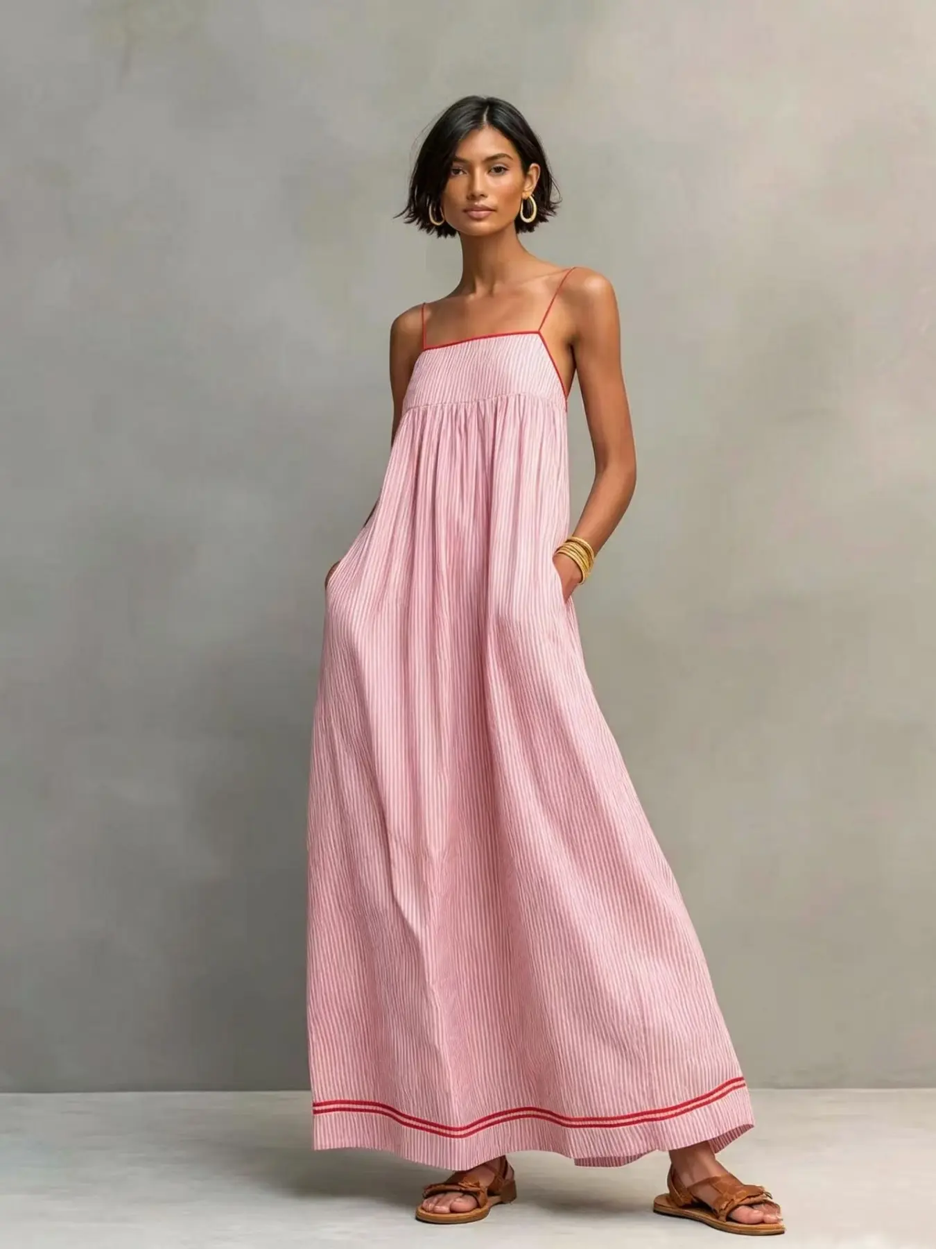 2026 Summer New European Style Striped Halter Long Dress, Colorblock Hem Conceals Fat, Casual Beach Sundress, Boho Beach Sundresses, Beach Vacation Dress, Side Pocket Loose Fit