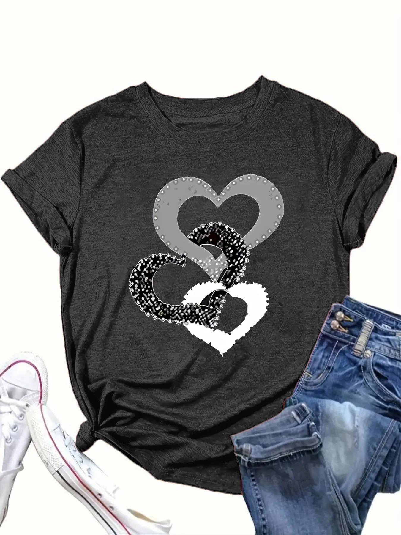 【Plus Size】 Heart Print Round Neck Knit Tee, Casual Short Sleeve Crew Neck T-shirt for Daily Wear, Women Clothing for All Seasons