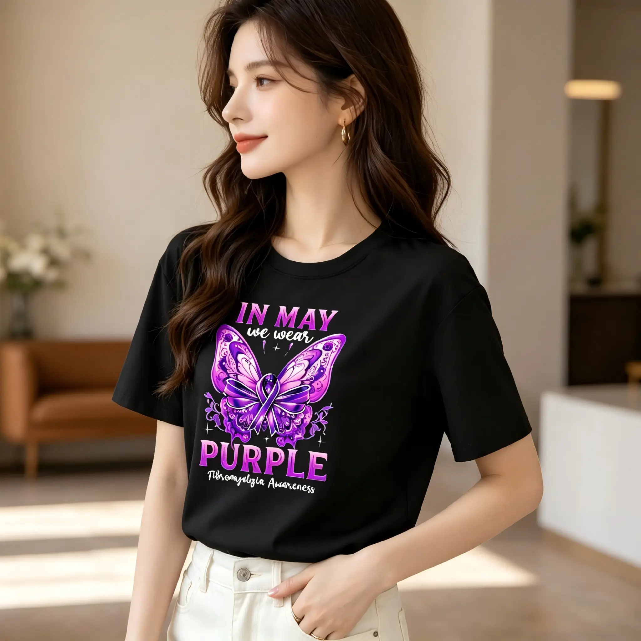 Men's In May We Wear Purple Fibromyalgia Awareness Butterfly Round Neck T-Shirt - Comfortable Fabric, Casual Oversized Trendy_cro Tee, Perfect Gift for Beach, Anniversary, Birthday, Holiday Attire