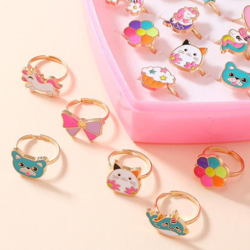 Heart Shaped Gift Box with Ring Set, Stackable Rings, 24pcs/set Cute Colorful Cartoon Design Ring, Party Gift for Girls