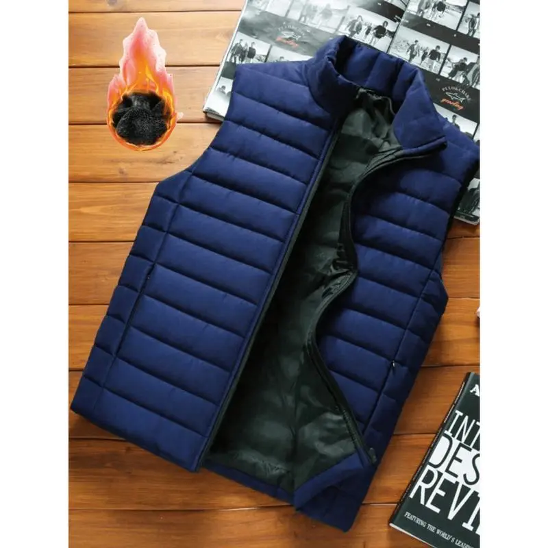 Men's stand-up collar sleeveless vest, warm and stylish, a versatile top for autumn and winter, solid blue, two-piece set. Casual Menswear