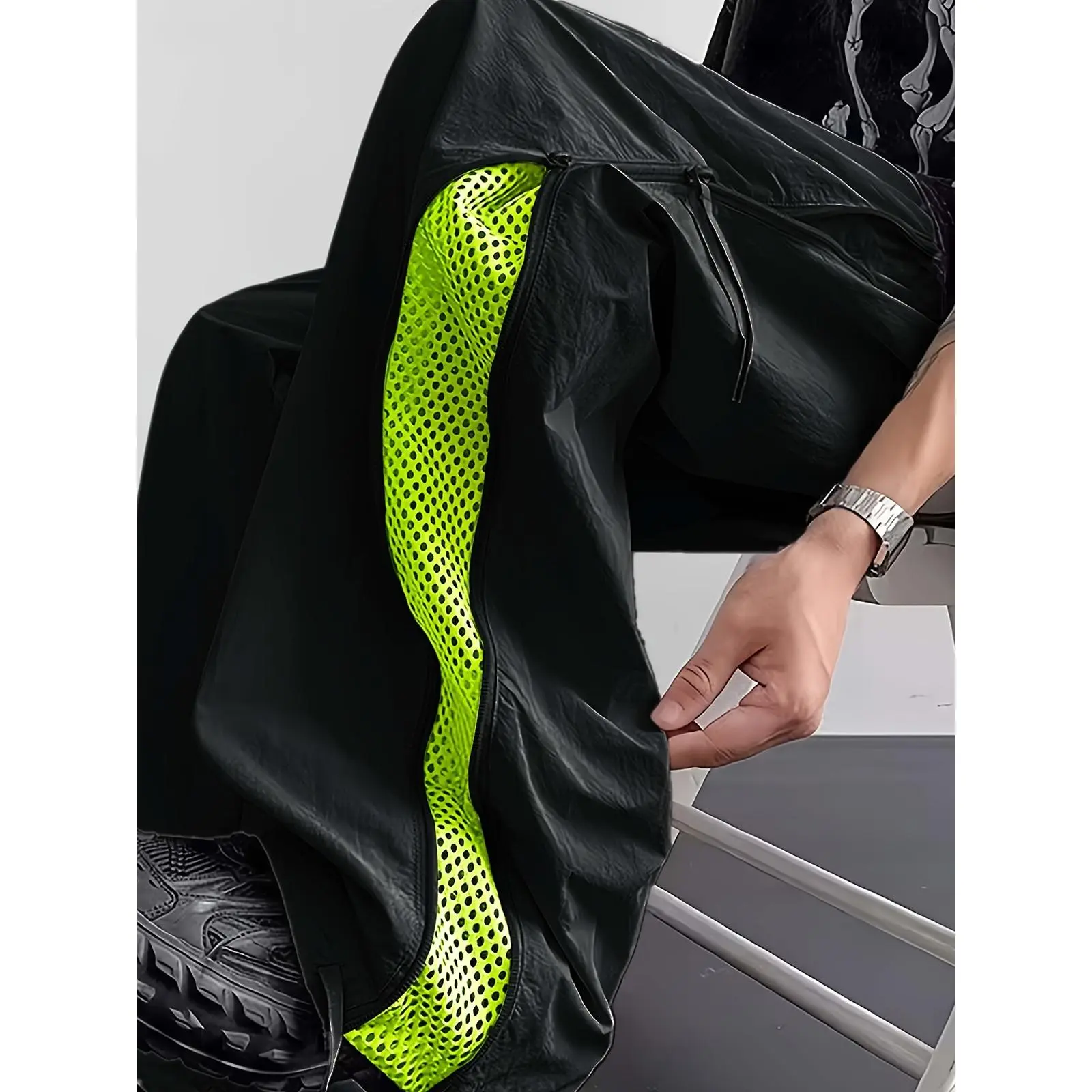 Men's side full zipper mesh wide leg sports pants, elastic drawstring waist loose windproof pants, breathable and lightweight street sports pants, fashionable gym exercise, hiking, outdoor daily leisure, running, fast drying pants
