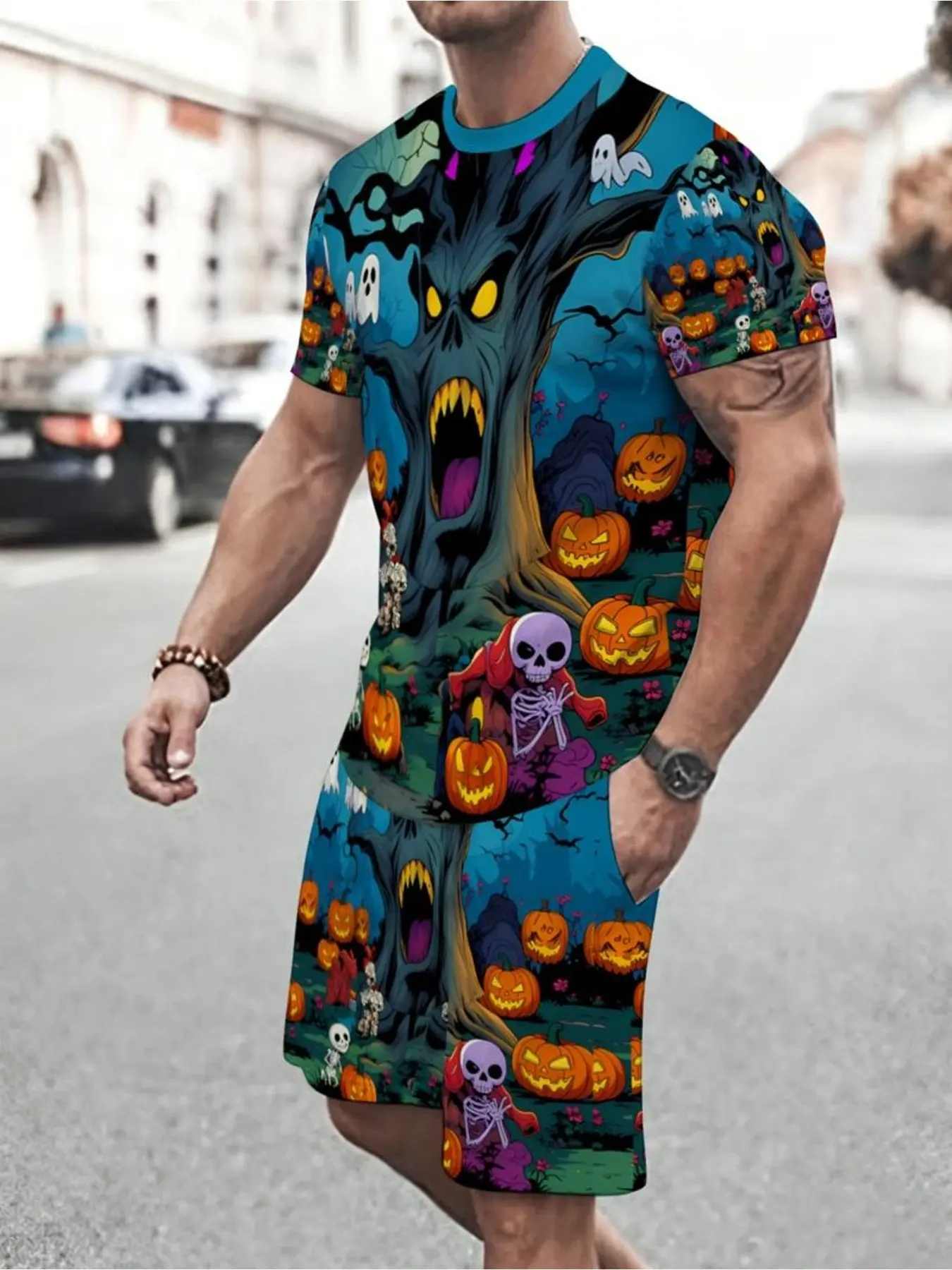 Men's Halloween Costume Set, 3D Digital Print Skull Pumpkin Ghost Pattern, Short Sleeve T-Shirt & Shorts, Casual Streetwear, Fitted