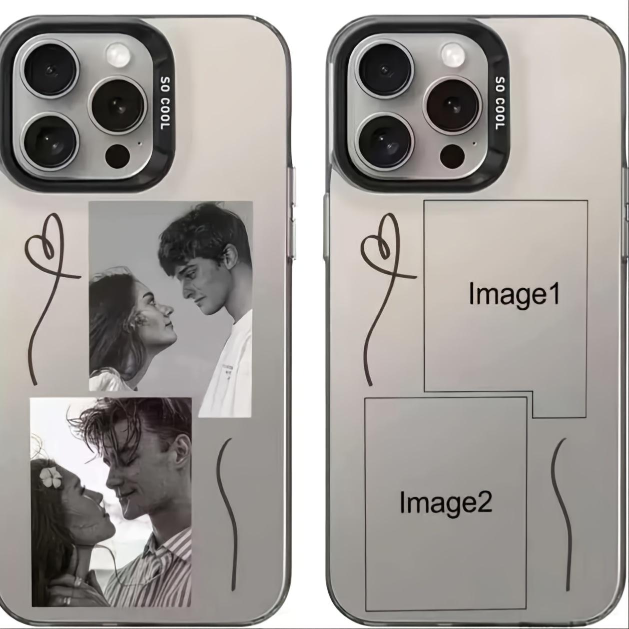 Customized phone cases for couples, buy one get one free. Heart-shaped couple design, multi-grid design, artistic line decoration. Compatible with Apple iPhone Plus Air/Pro/Pro Max series. Gift.