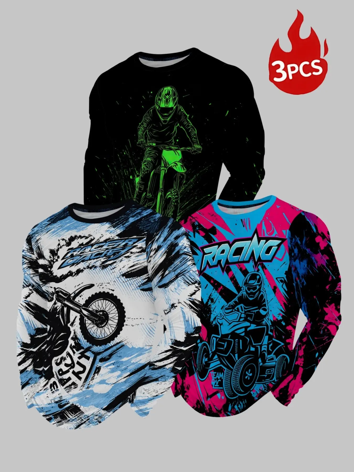 Men's 3-Pack Cycling Style Long Sleeve T-Shirts, Trendy Motorcycle Race Prints, Round Neck, Breathable, Outdoor Sports, Casual Fashion
