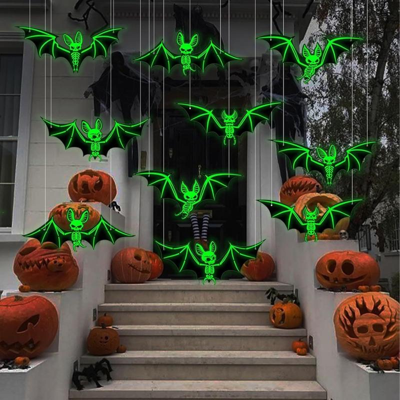 10 Pcs/set Halloween Decorations 3D Stereoscopic Bats, Fluorescent Glow in the Dark Props for Haunted House, Horror Wall Stickers