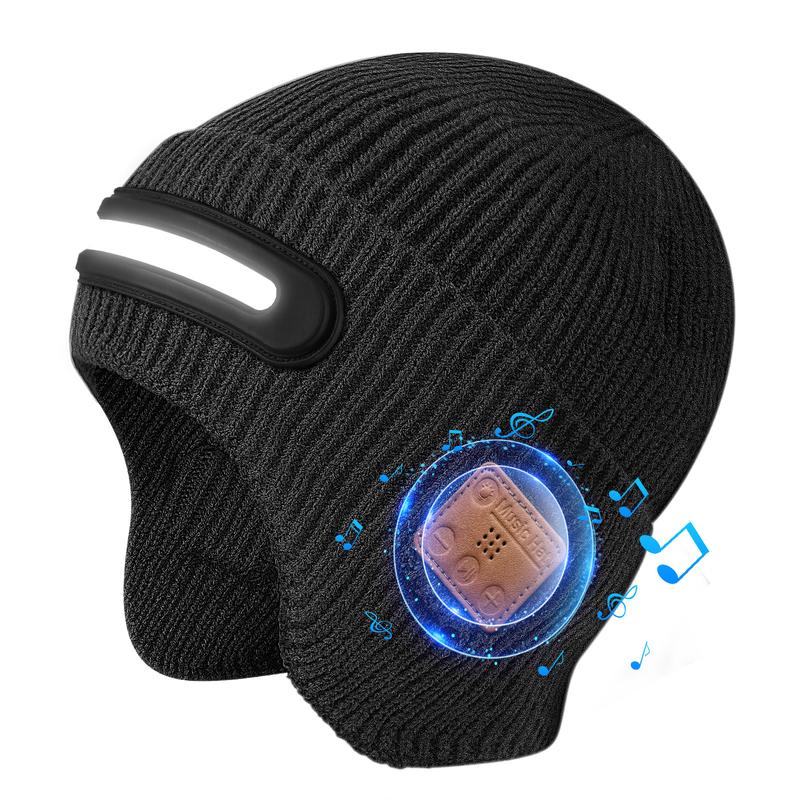 New USB Charging Light-Up Bluetooth Headphone Hat Outdoor Warm Knitted Ear Protection Hat Wireless Music Colorful Light Design Unisex Fashionable Casual Flashlight Hat for Christmas Holidays