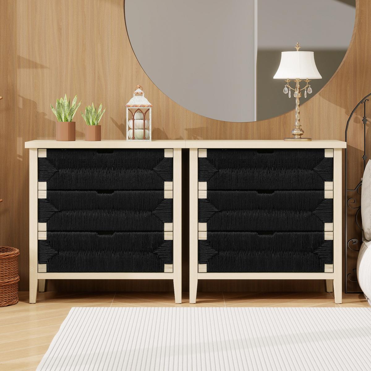 3 Drawer Buffet Sideboard with Adjustable Shelves, Storage Cabinet with Hand-woven rope decorated drawers for Living Room Kitchen Entryway