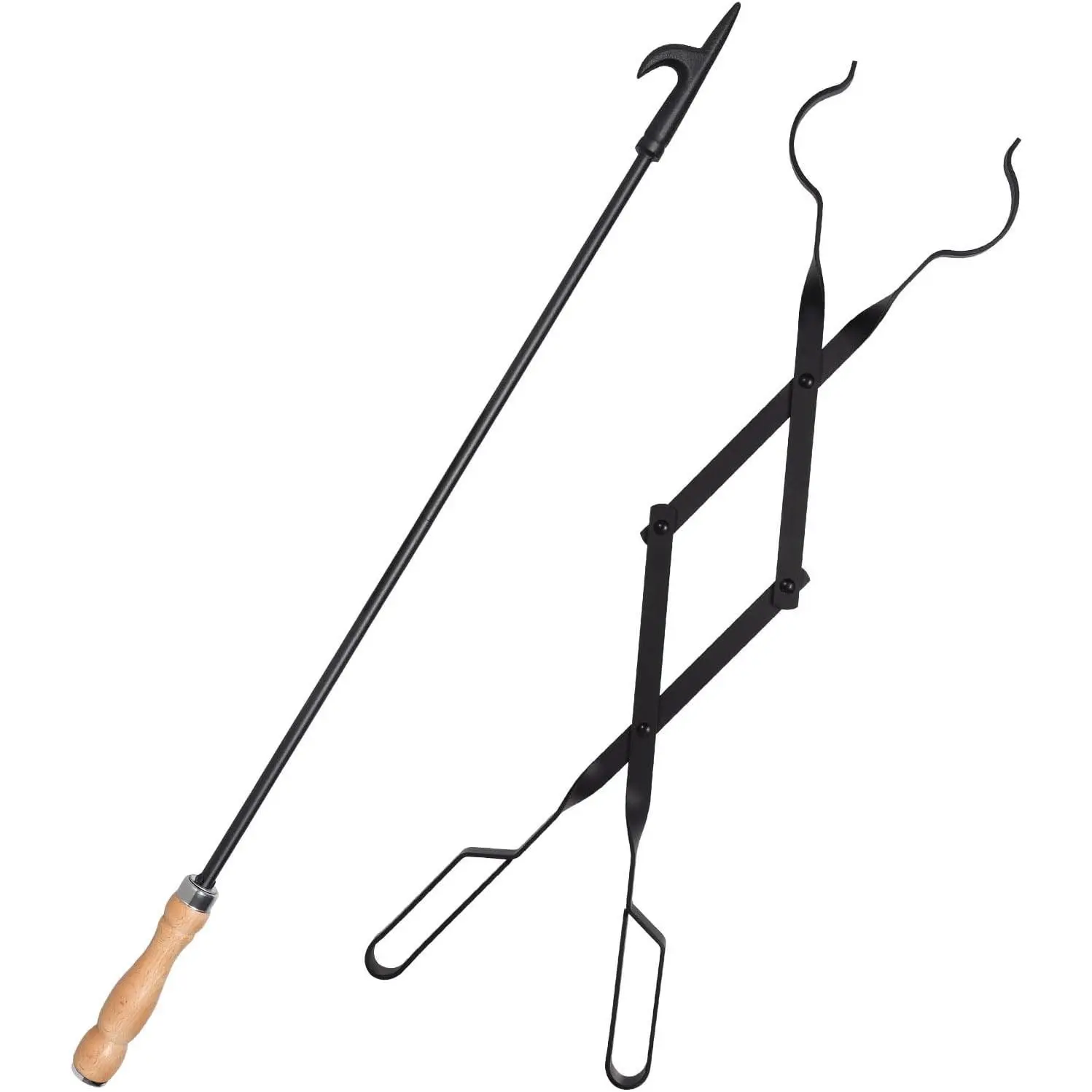 Heavy Duty Fireplace Tool Set - 32" Poker Stick & 26" Tongs, Log Grabber, Rust Resistant Black Finish, Indoor/Outdoor Camping Fire Pit Accessories