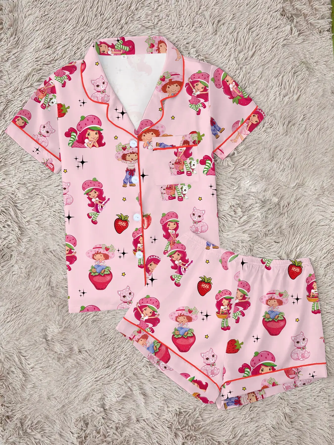 Women's Cute Strawberry Pajama Set, Vintage Soft Tone Short Sleeve Button Sleepwear, Comfortable Lightweight 2-Piece Summer Home