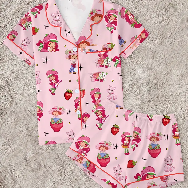 Women's Cute Strawberry Pajama Set, Vintage Soft Tone Short Sleeve Button Sleepwear, Comfortable 2-Piece Summer Home Loungewear Set