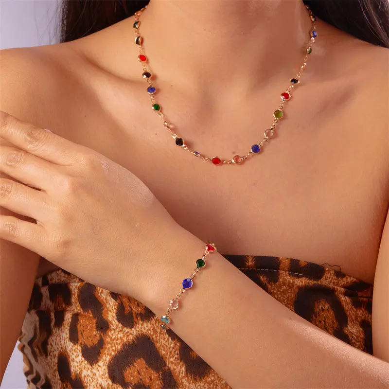 Colorful Crystal Beaded Necklace for Women, Gold Tone Delicate Choker with Multicolor Stones, Lightweight Summer Jewelry for Vacation and Daily Wear