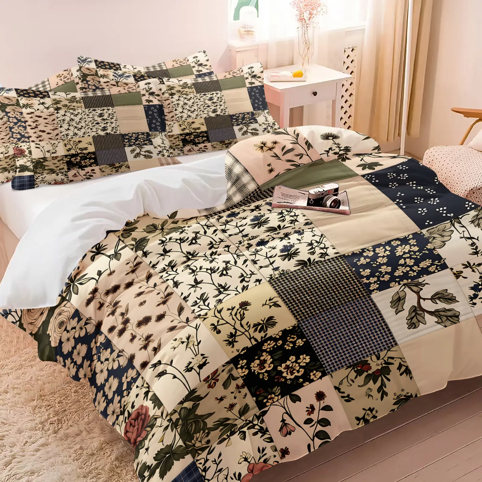 Vintage Cottagecore Floral Patchwork Duvet Cover Set, Includes 1 or 2 Pillowcases, Soft Breathable Anti-Fade, Simulated , Cottagecore Bedding , Vintage Plaid Splice Bed Set, Perfect Rustic Decor For Farmhouse & French Country Bedroom