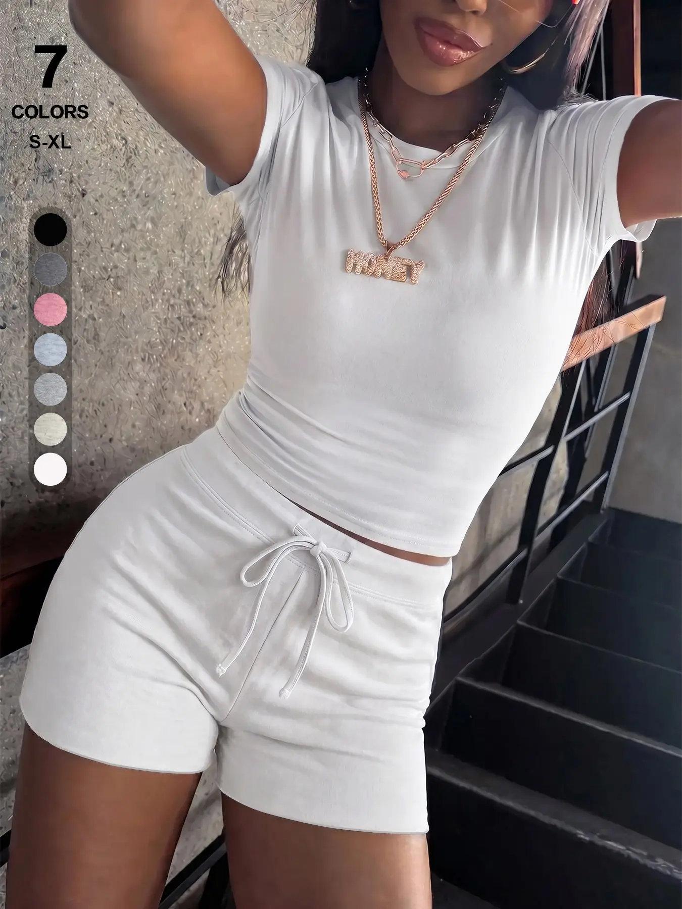 Summer Solid Color Short Set! Crew Neck Stretchy Viscose Crop Top & Drawstring Adjustable Hot Pants Two-Piece, Trendy Urban Casual Everyday Loungewear for Workout & Staying In