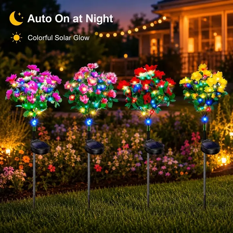 Solar Azalea Garden Lights Outdoor Waterproof LED Artificial Flower Stake Lights for Pathway, Walkway, Lawn, Flower Bed & Patio, Memorial Day,And Wedding, Halloween, Christmas Decorations