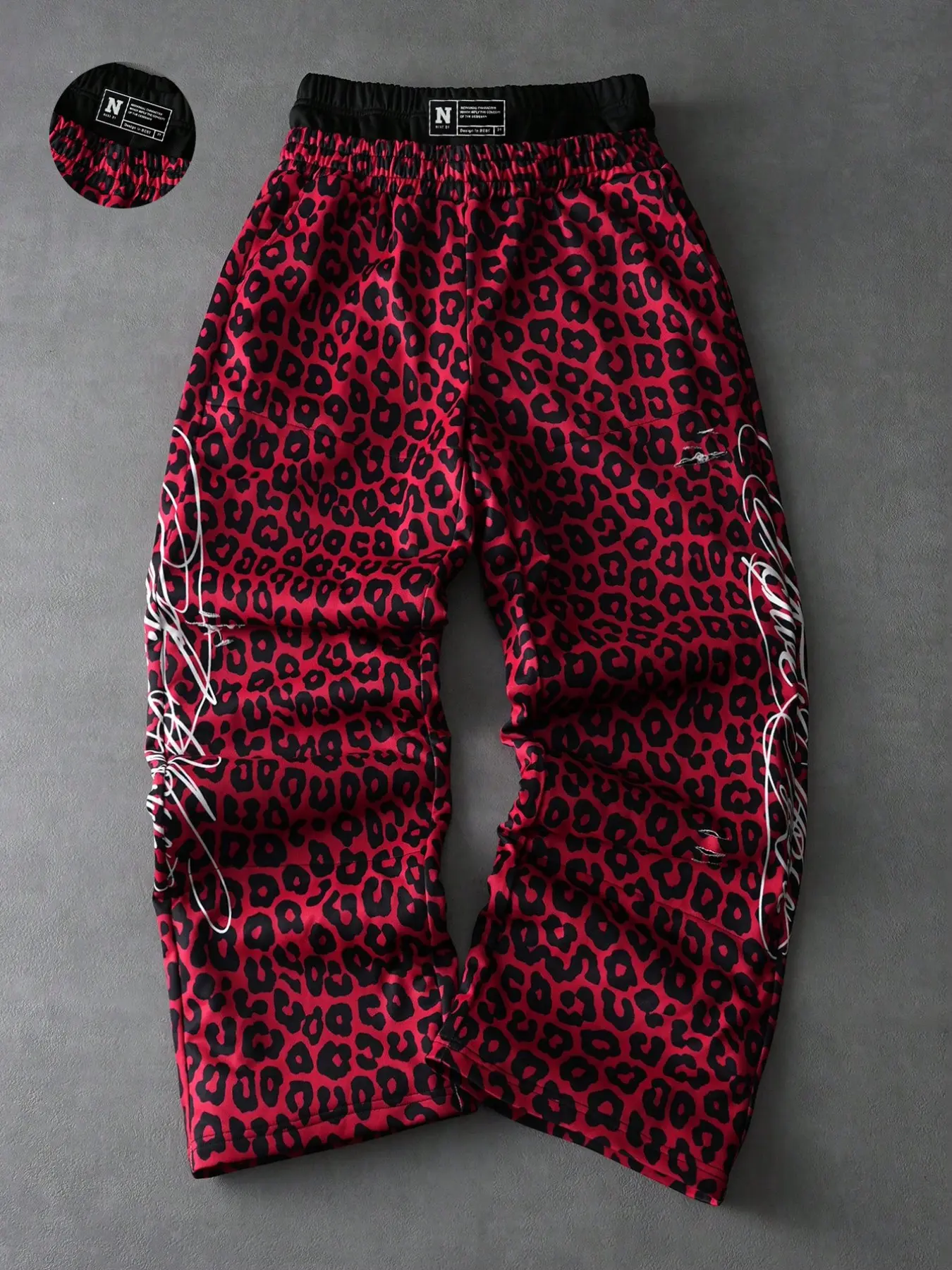 Y2K Red Leopard Print Baggy Sweatpants Unisex Color-Block Double Waistband Joggers Graphic Graffiti Streetwear Wide Leg Trousers Casual Dance Festival Wear