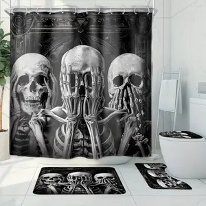 1/4PCS Funny Skull Shower Curtain Set – Gothic Mysterious Skeletons Horror Cool Design, Includes 12 Hooks, Non-Slip Bathroom Floor Mat, U-Shaped Mat & Cover Mat, Complete Bathroom Set