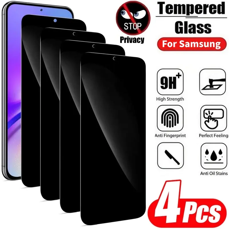 4pcs Privacy Tempered Glass Screen Protector, Mobile Phone Accessories, Suitable For Samsung Galaxy S20 S21 S23 S24 S25 FE A51 A52 A53 A54 A55 A14 A15 A24 A25 A33 A34 A35 4G/5G Full Screen Privacy Glass, Public Places Anti-Peep