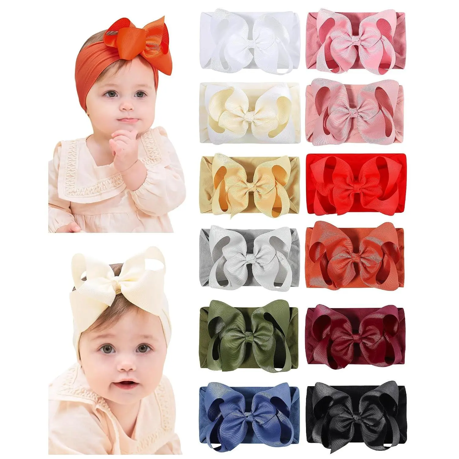 Baby Girl Headband - 12pcs Nylon Hair Accessories with Big Ribbon Bows, Soft Lightweight Headbands  Baby Girls Infant Newborn Toddler