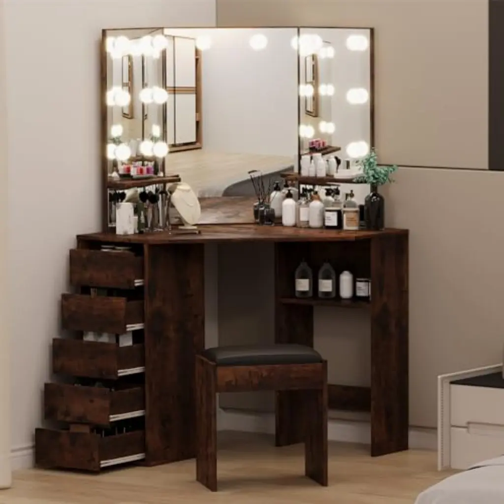 Corner Vanity Desk and Stool with Tri-Fold Mirror and 10 LED Bulbs | Corner Makeup Vanity Set with 5 Drawers and Charging Station, 3 Color Dimmable Lighting with Hair Dryer Holder for Bedroom