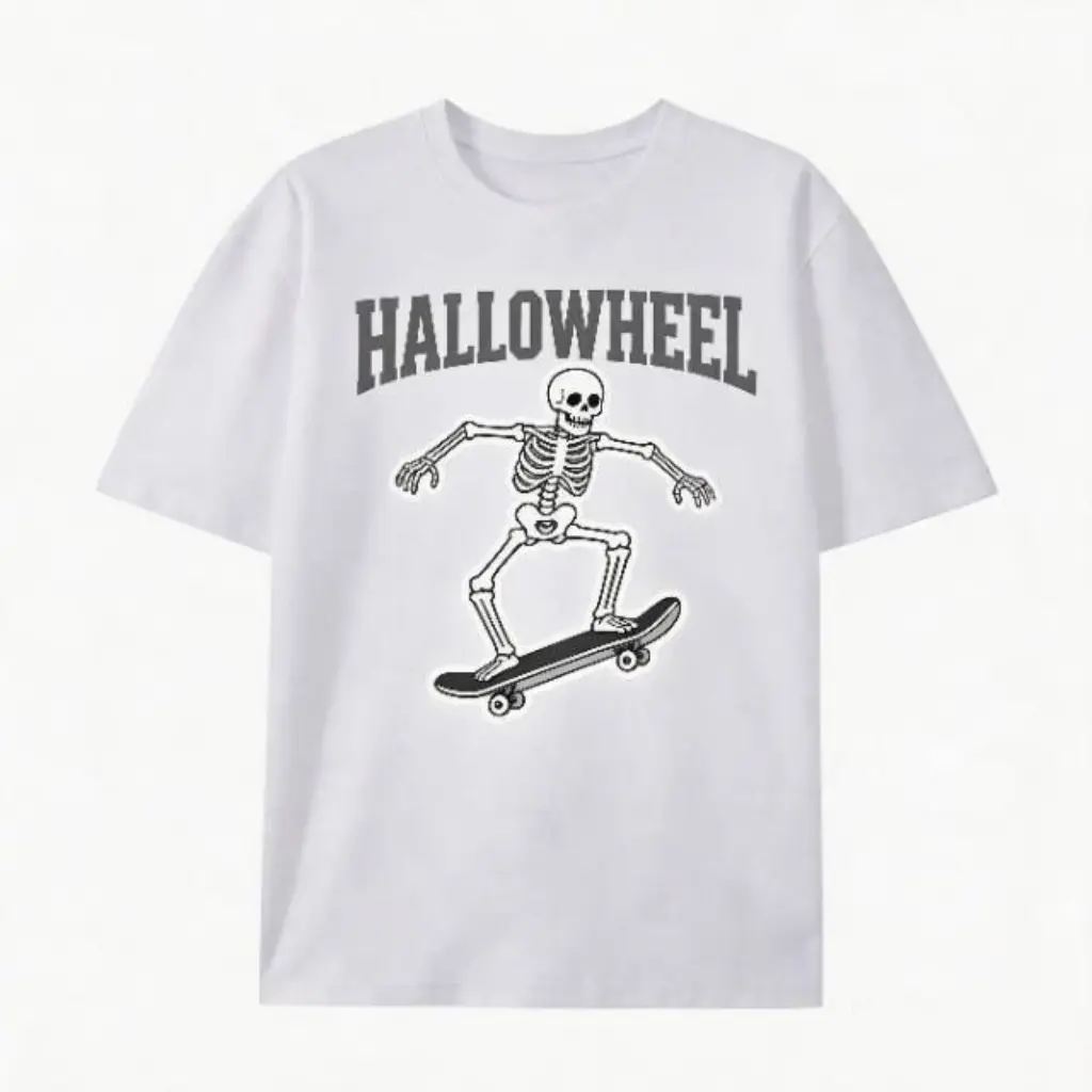 Hallowheel Skeleton Skateboard Halloween Graphic Oversized Cotton T-Shirt, Spooky Skater Casual Outfit Comfort Fashion Tee, Perfect Valentine's Day Halloween Gift For Skateboarder Teens, Ideal Holiday Present For Family Friends Relaxed Short Sleeve Top