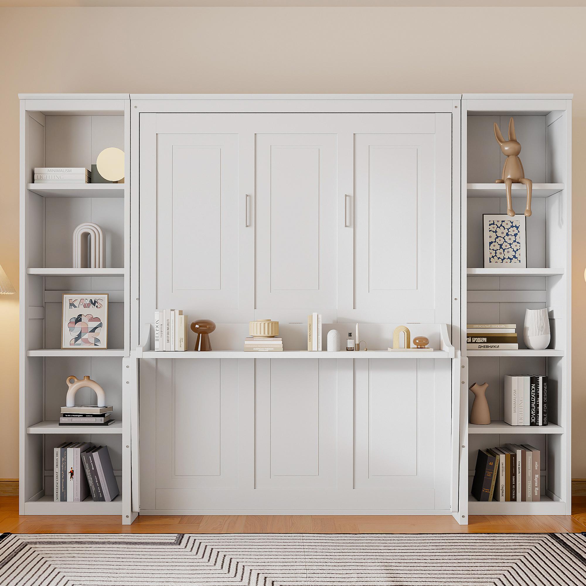 Queen Size Murphy Bed with Desk and Bookshelf, White Queen Size Murphy Bed with Desk and Bookshelf, White