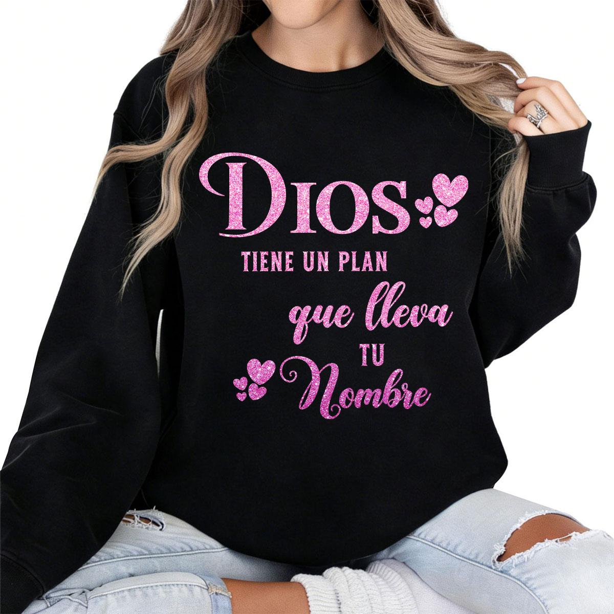 Round Neck T-Shirt With Pink Cartoon Heart & Dios Te Plan Que La Vela Tu Nombre Graphic Print Casual Top Made In USA For Women For Men [ZinniaZip cotton t-shirt/sweatshirt/hoodie, soft and comfortable]