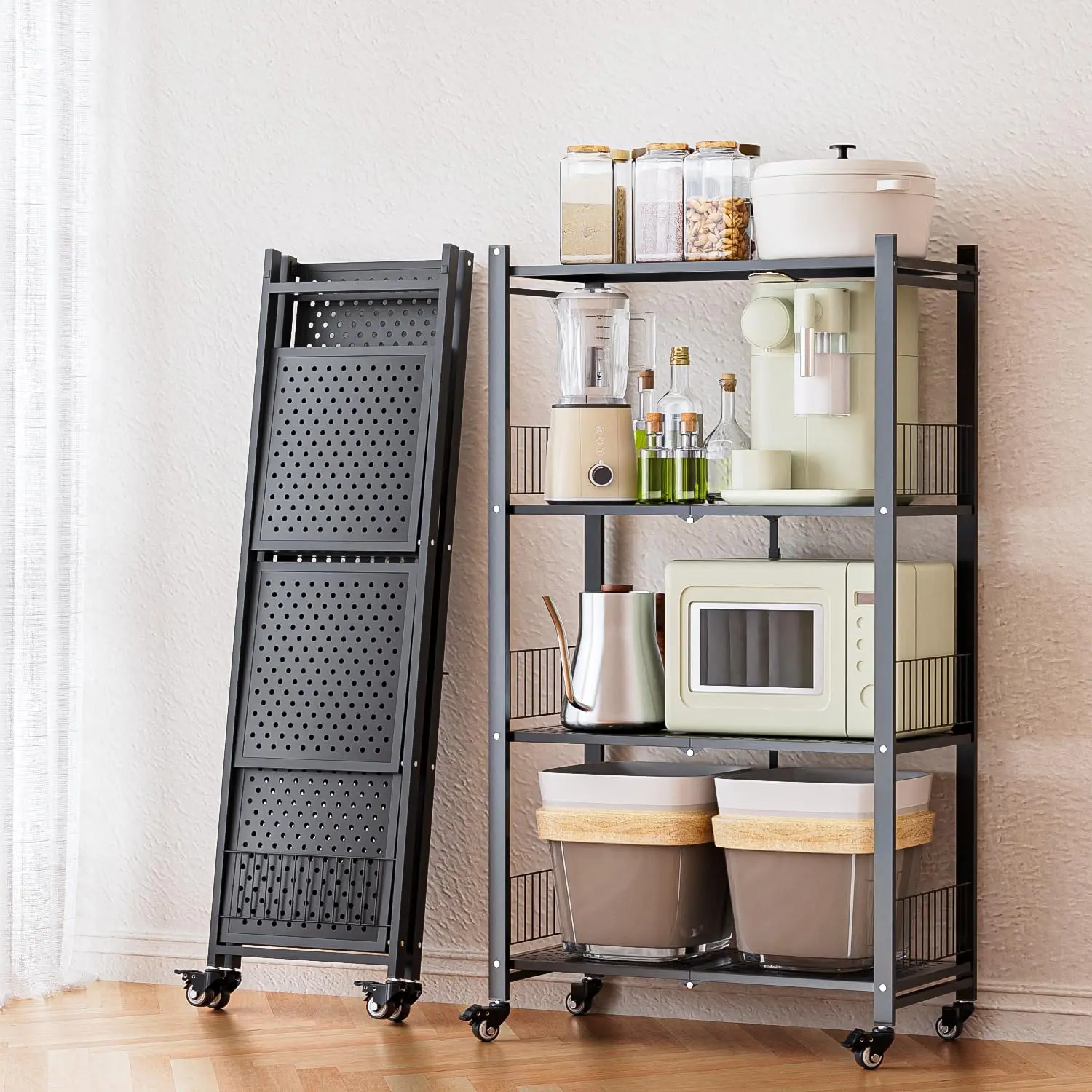 Folding Storage Shelves, 4-Tier Metal Foldable Shelf Shelving Rack Organizer  Rolling Wheels in Kitchen Warehouse Patio Pantry Garage Collapsible Shelves No Assembly (Black, 4-Layer)