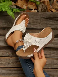 Comfortable Arch Support Flower Wedge Sandals, Casual Summer Sandals, Breathable Perforated Flip Flops, Women's All-Day Casual Shoes, Lightweight & Stylish Design