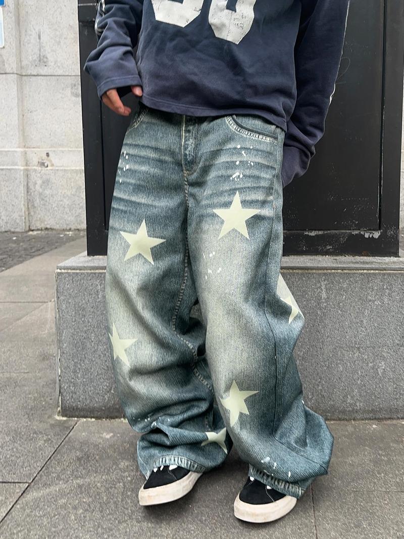 Men's Star Patched Denim Effect Print Pocket Wide Leg Pants, Loose Street Fashion Casual Pants for Daily Wear, Men's Bottoms for All Seasons, Casual Comfy Pants, Star Print Pants, Ripped Streetwear