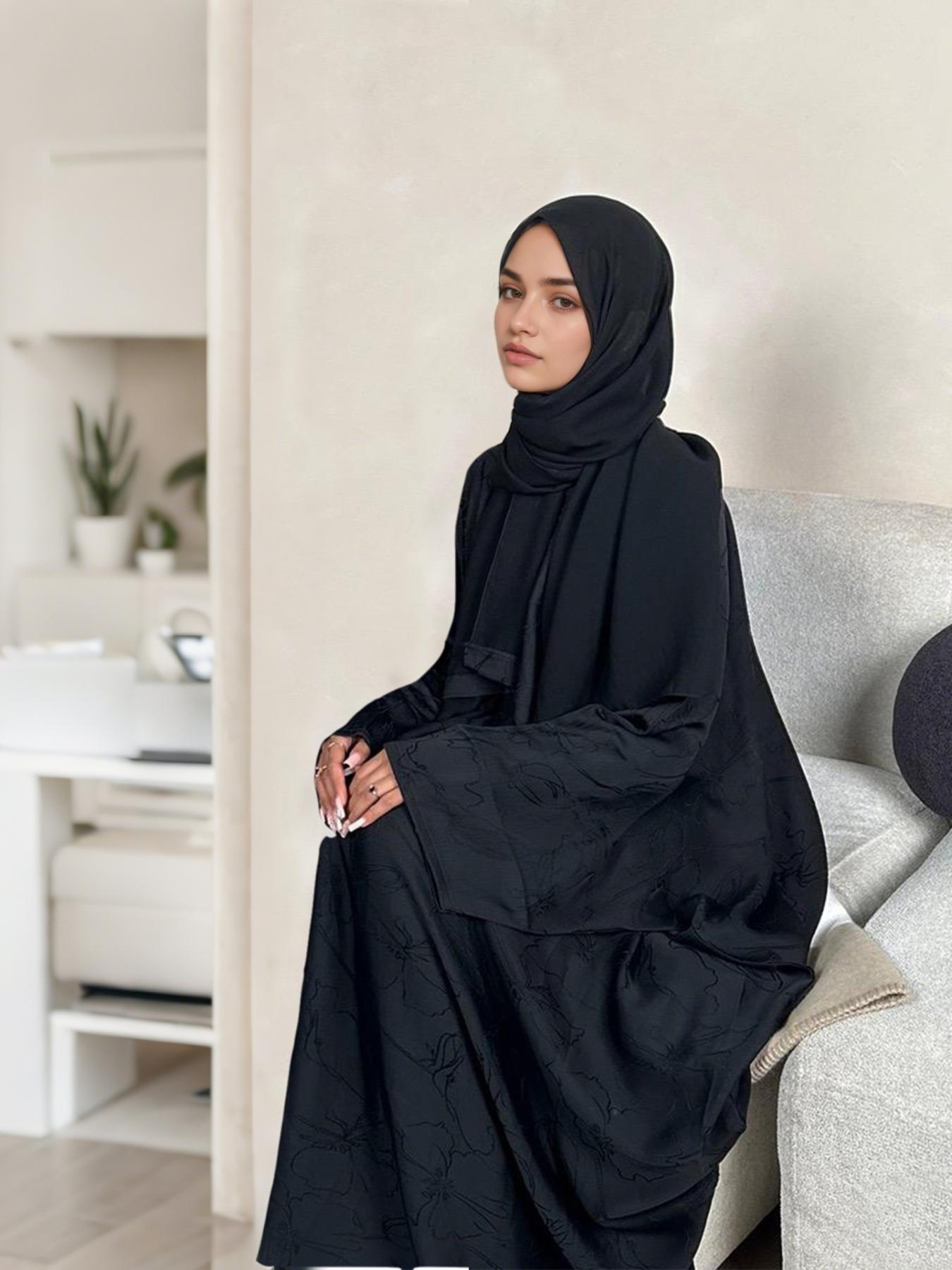 Women's Floral Jacquard Arabian Dress, Modest Chic Round Neck Long Sleeve Abaya Dress for Daily Wear, Ladies Islamic Clothing for All Seasons, Abaya Hijab Set, Abayas for Eid