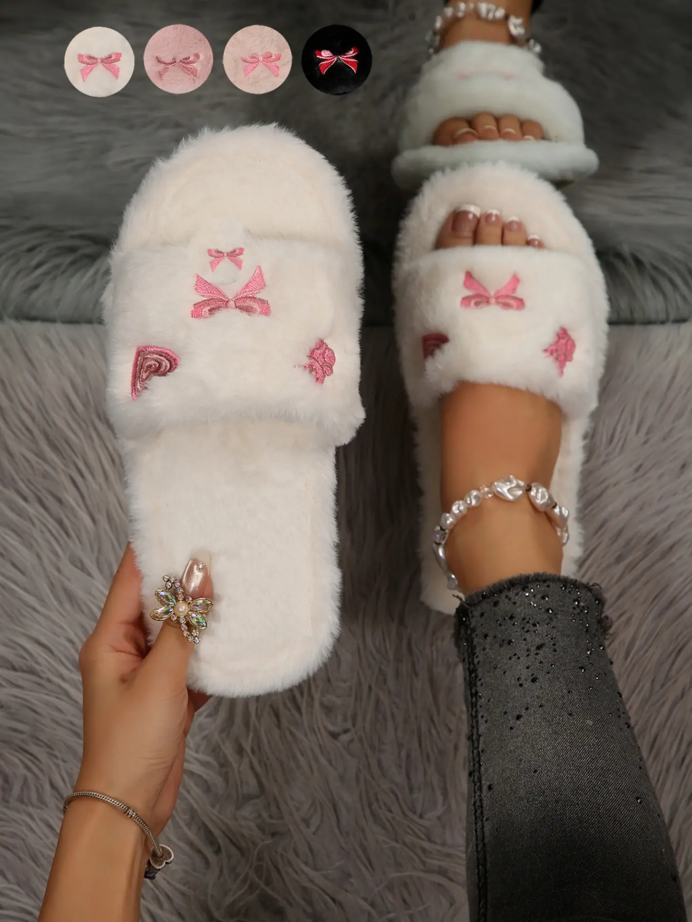 Women's Fluffy Fuzzy Open‑Toe Slide Slippers, Embroidered Heart & Bow Decoration, Soft Warm Anti‑Slip Flat Sole, Cute Sweet Design, Cozy Bedroom House Slippers, Indoor & Outdoor Wear, Plus Size Available, Casual Home Footwear for Women in Fall & Winter