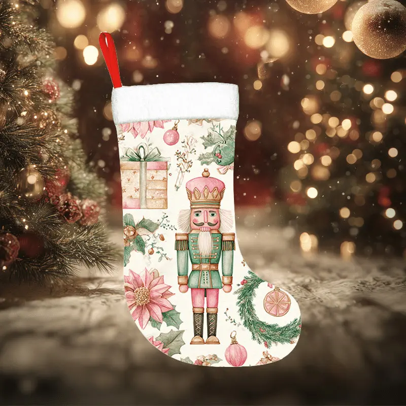 1Pcs 2D Flat Christmas Stocking, Pink Green Nutcracker Xmas Stocking with Poinsettia Gift Box Polyester Stocking Christmas Party Fireplace Hanging Decorations