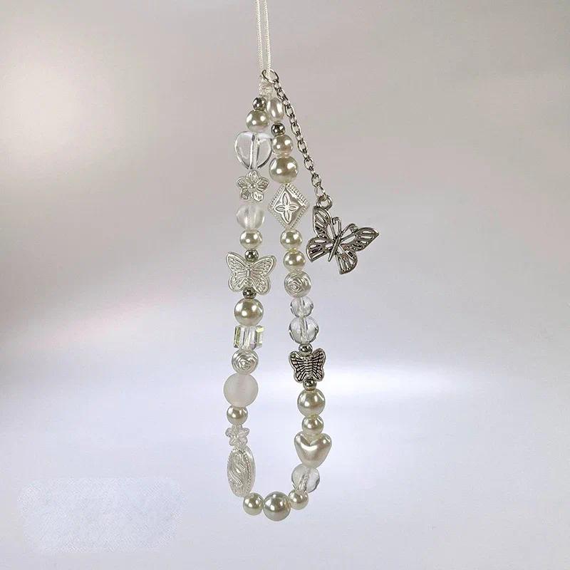 Cute Silver Butterfly Pearl Keychain on the Phone Charm Cute Lanyard Cell Phone Strap Pendant For Woman Mobile Accessories
