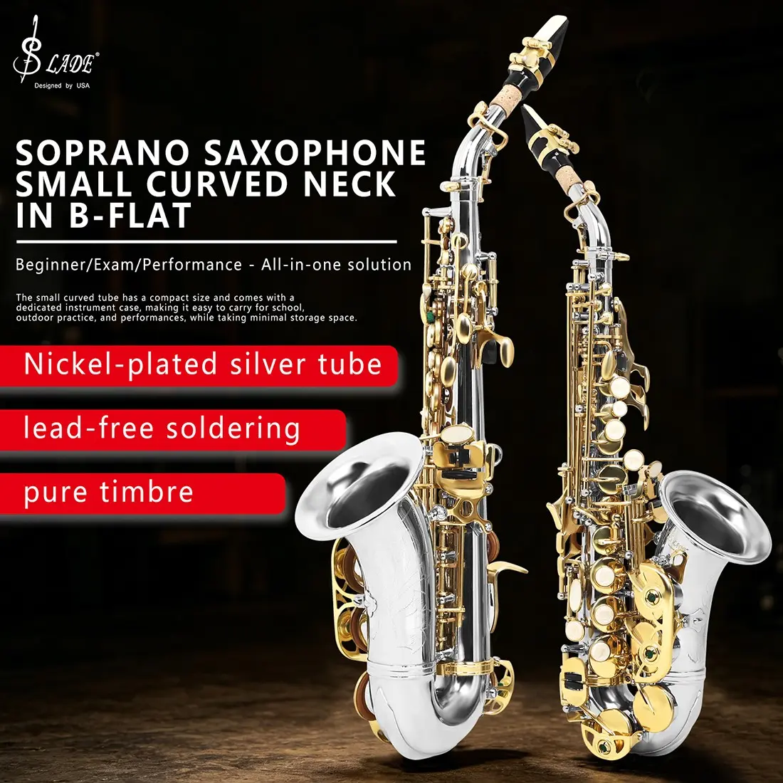 Professional Slade Alto Saxophone, Nickel-Plated Body, Keys, Complete Accessories, Ideal for Amateur Musicians