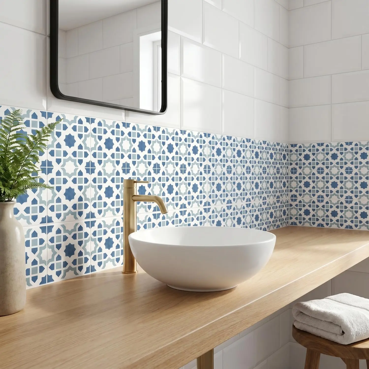 16 Pack, 5.9 Inch Modern Moroccan Tile , Dusty Blue Geometric Peel and Stick Vinyl for Backsplash, Stairs & Furniture
