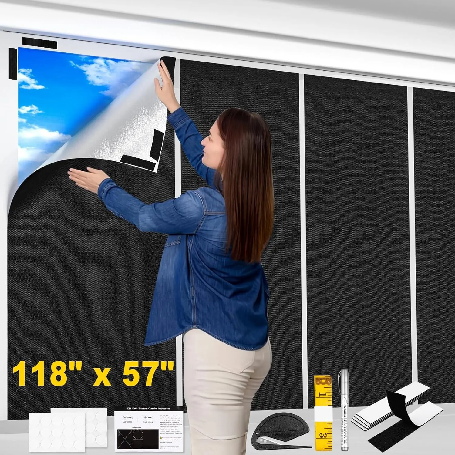 100% Blackout Portable Window Blinds, 118x57 Inch No Drill Cuttable Temporary Blackout Shades Curtains for Bedroom Travel Dorm Nursery RV Home Media Room Privacy Protection Room Darkening