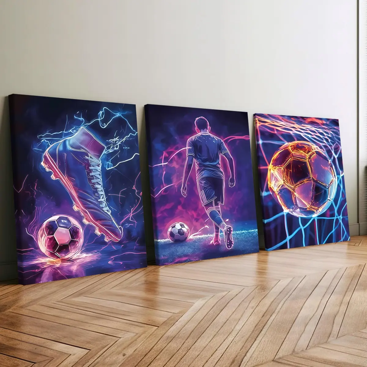 3 count wooden frame canvas, neon lightning soccer shoes player e-sports wind triple poster, fashion poster, home decoration, modern art living room hanging picture, suitable for bedroom, office, wall art, waterproof and tastless