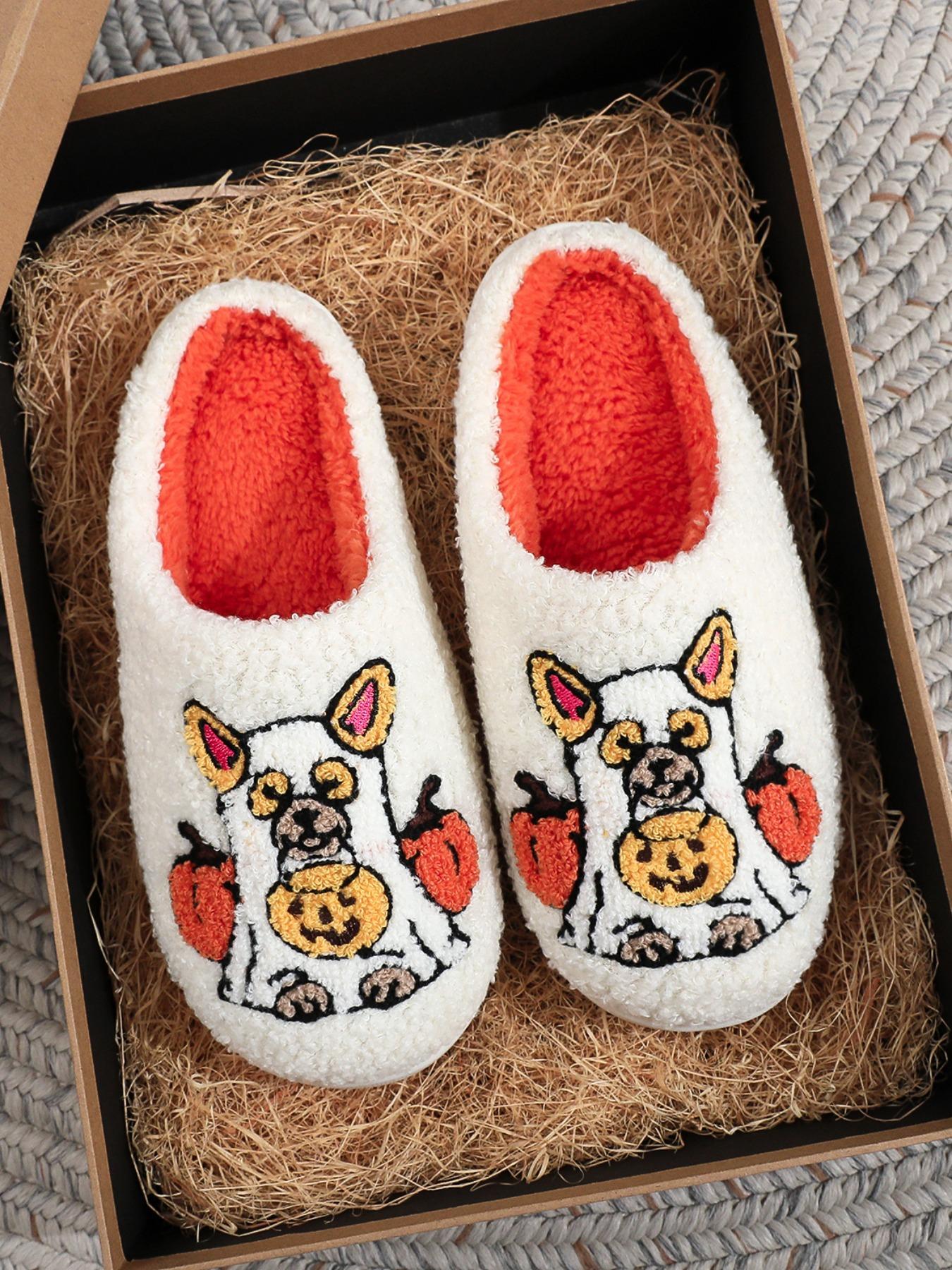 Cute Pet Dog Pumpkin Embroidered Plush Slippers, Soft Comfortable Black Home Shoes for Men & Women for All Seasons, Spooky Perfect Halloween Gift for Dog Moms, Footwear