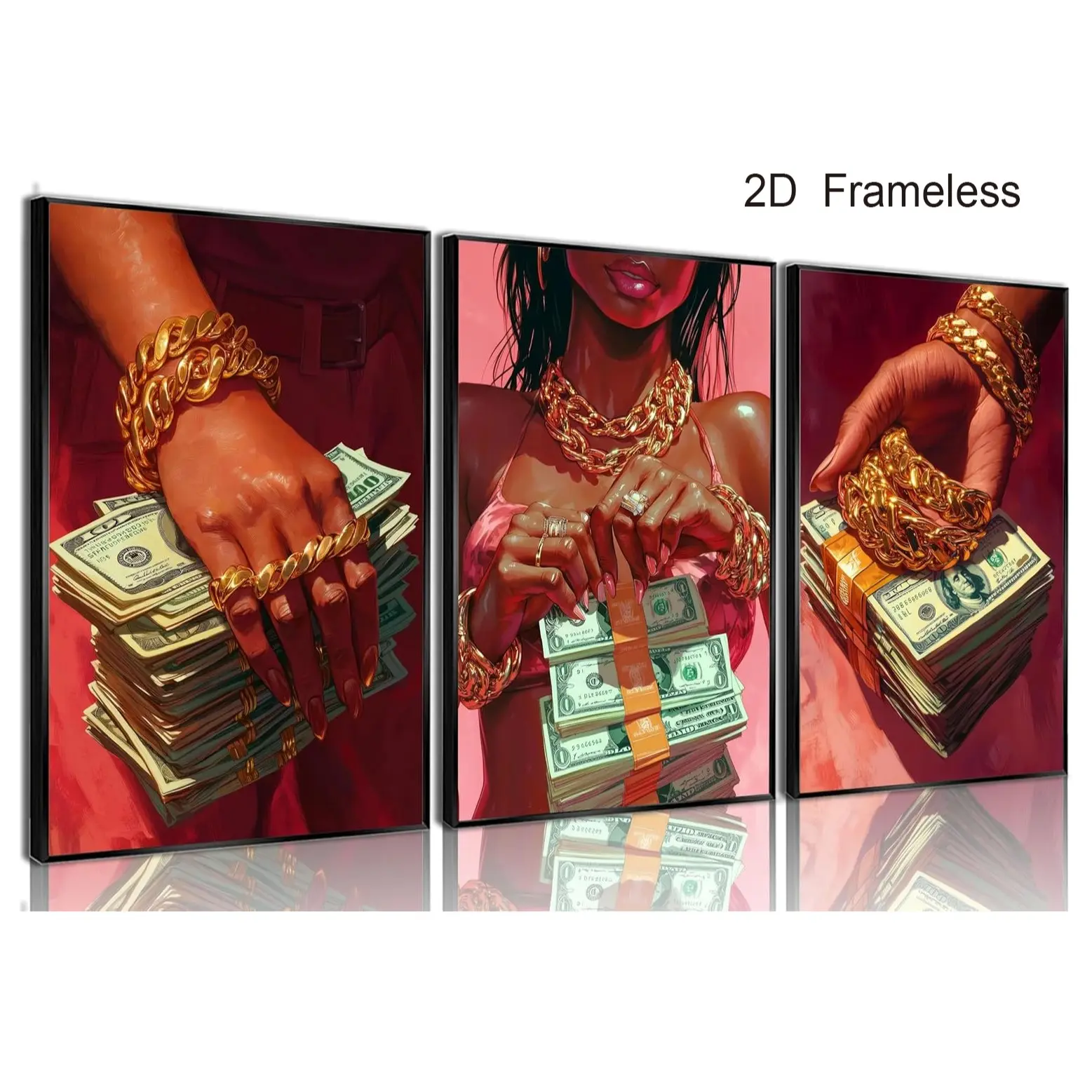 3-Piece Set / Black Girls Canvas Wall Art; Red and Black Women and Money-Themed Wall Decor; Modern Pink Fashion African American Poster; Wall Decor for Living Rooms, Bedrooms, and Bathrooms; Frameless