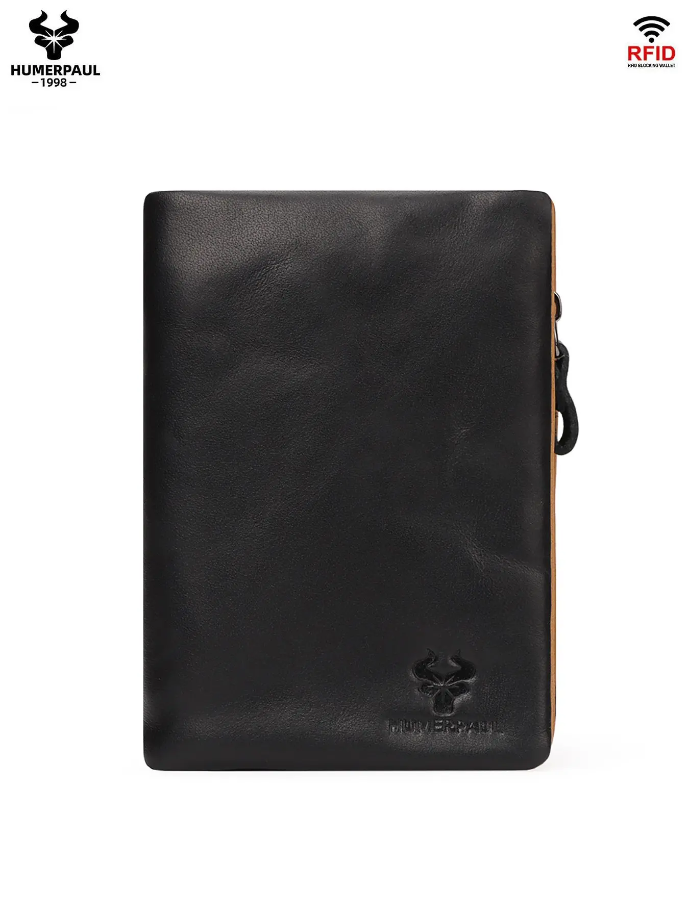 HUMERPAUL Men Leather Wallet Rfid Anti-Theft Short Design with Lost-Proof Chain Business Card Holder Photo Window Multi-Card Slots