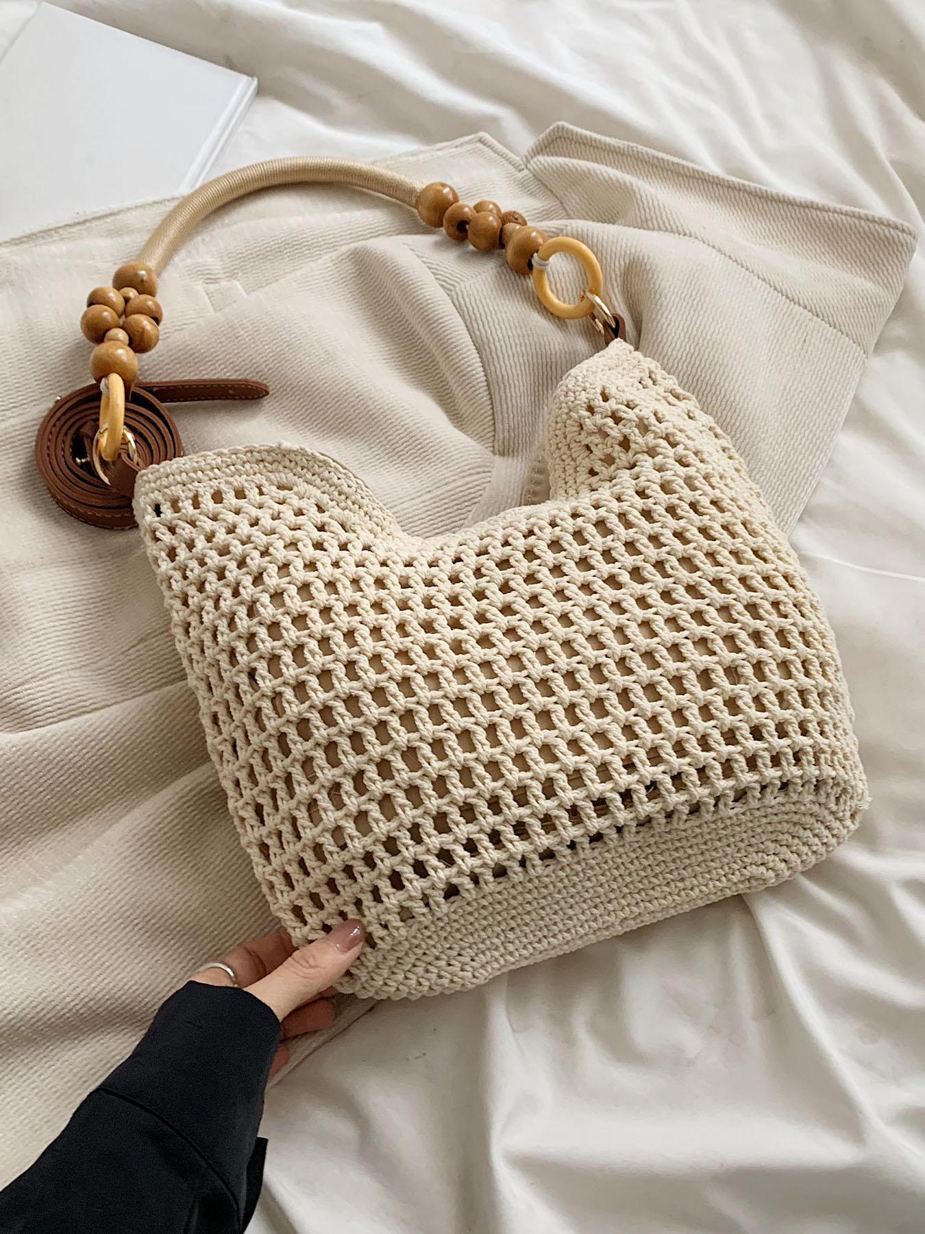 Women's Elegant Crochet Crossbody Bag, Fashionable Shoulder Bag with Wooden Beads Handle, Casual Trendy Versatile High-quality Daily Commuting Bag, Crossbody Purse, Casual Commuter Bag