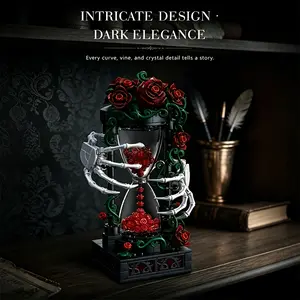 Gothic Skeleton Hourglass Building Toy, Dark Aesthetic Time Vessel with Red Roses And Skeleton Hands, Decorative Model for Adults, Unique Gothic Art Decor Gift