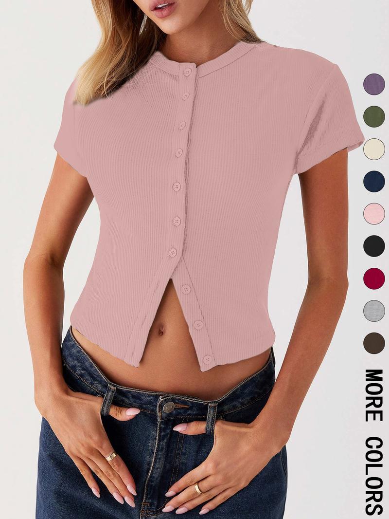 Women's Plain Button Front Ribbed Tee, Casual Slim-fitting Short Sleeve T-shirt for Daily Wear, Ladies Clothes for All Seasons,  Cute Tops